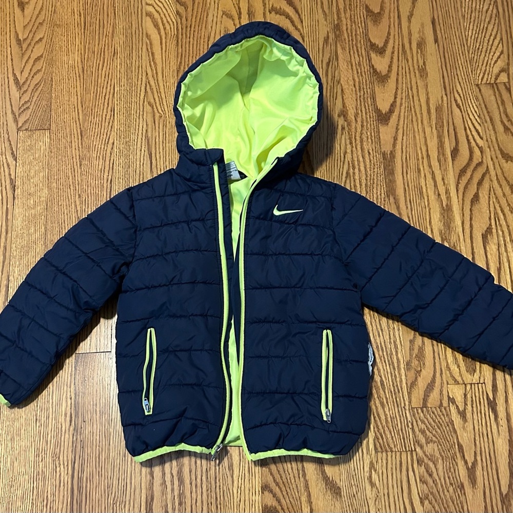 Boy Nike Blue Puffer Jacket with Hood and Quilted Design